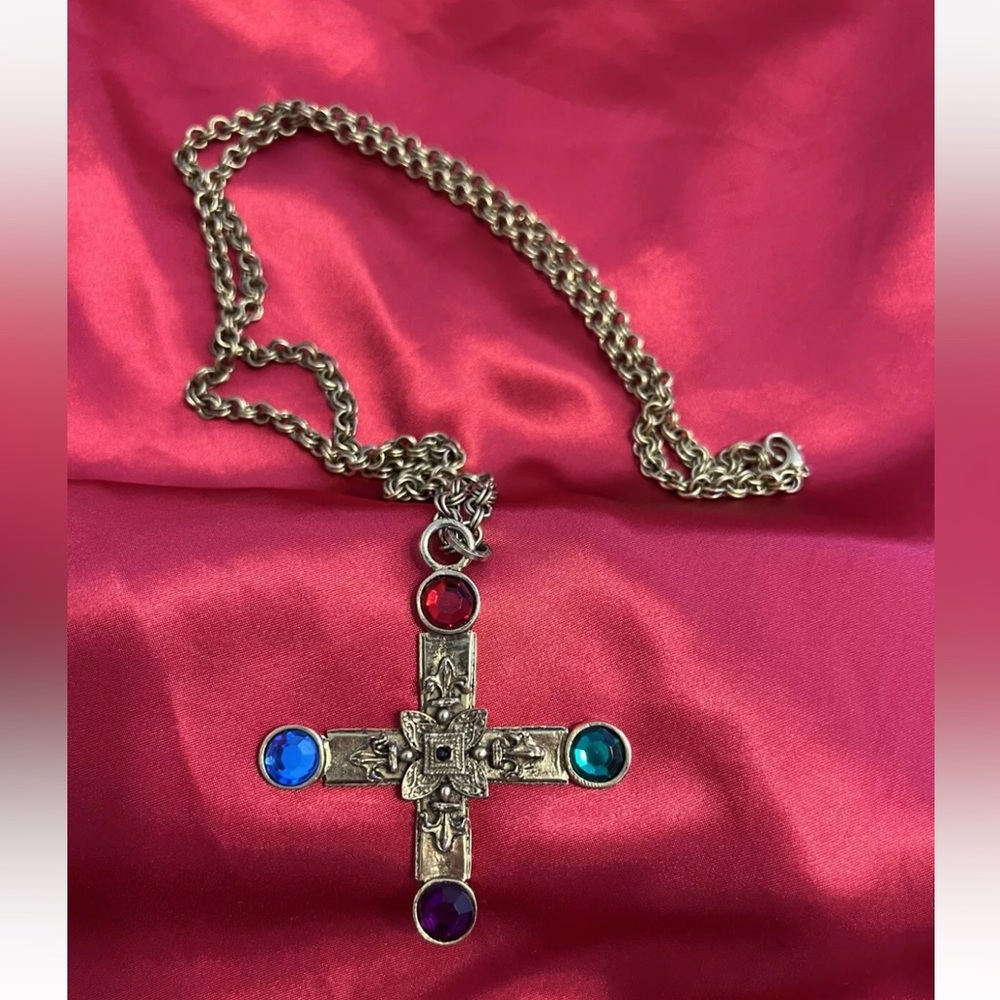 ROBERT ROSE Vintage Lge Goldtone & Multi Color Cross Statement 38”Necklace